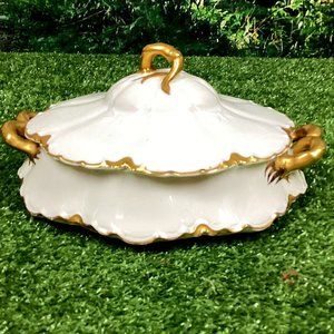 Antique Haviland Limoges Gold & White Porcelain Tureen Covered Bowl